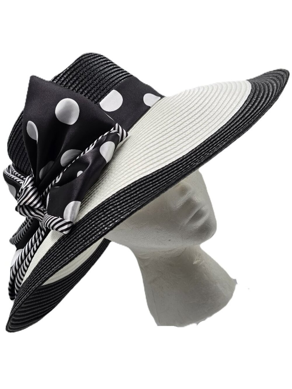 August Hat Company B&W Wide Brim Hat with Polka-Dot & Striped Accent Bow